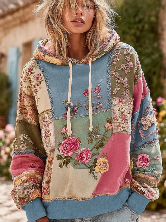 Női vintage virágos nyomtatás kényelem csuklyás pulóver