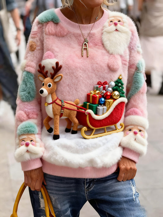 Női vintage karácsonyi művészet nyomtatás hangulatos kötött pulóver