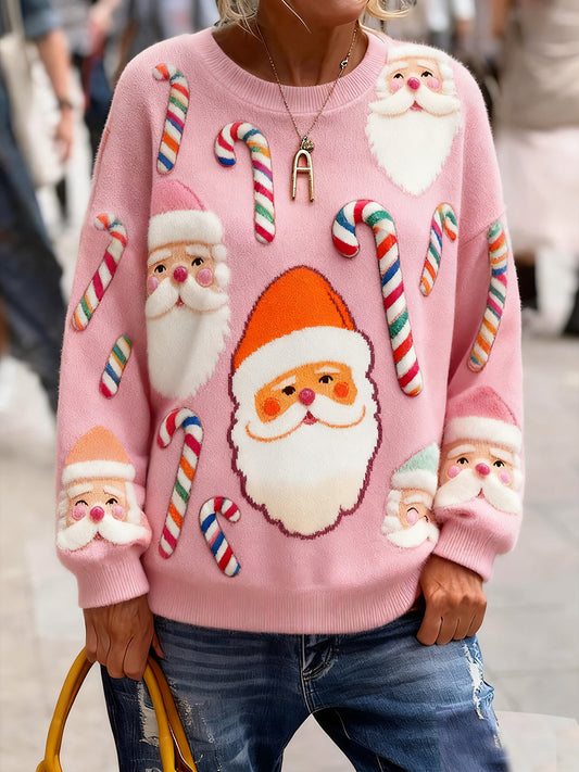 Női vintage karácsonyi művészet nyomtatás hangulatos kötött pulóver