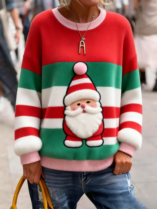 Női vintage karácsonyi művészet nyomtatás hangulatos kötött pulóver