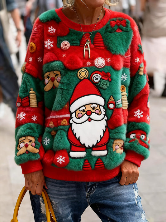 Női vintage karácsonyi művészet nyomtatás hangulatos kötött pulóver