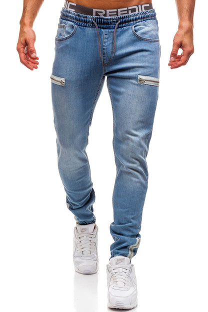 Férfi sport divat denim matt cipzáras varrás elasztikus vonóshajtó alkalmi farmer