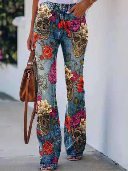 Női vintage nyomtatott faux farmer alkalmi nadrág