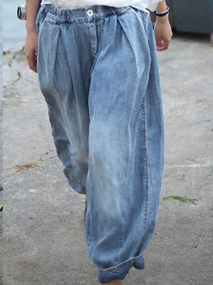 Női retro farmer faux denim virágzó nadrág