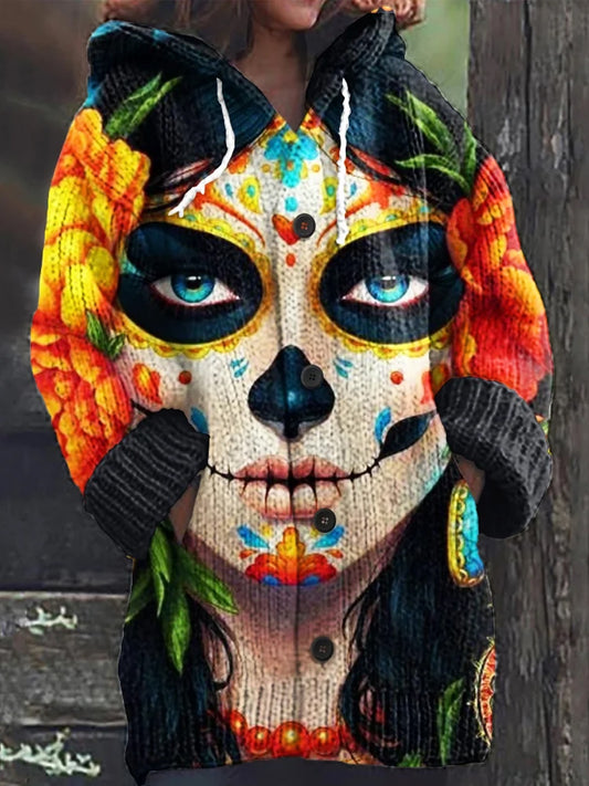 Női vintage nap a halott kényelem kötött csuklyás kabát