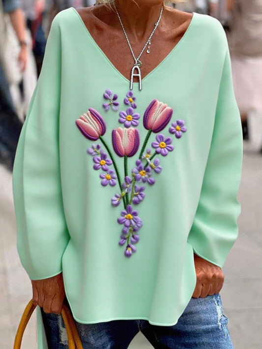 Női vintage művészet virágos nyomtatás kényelem felső