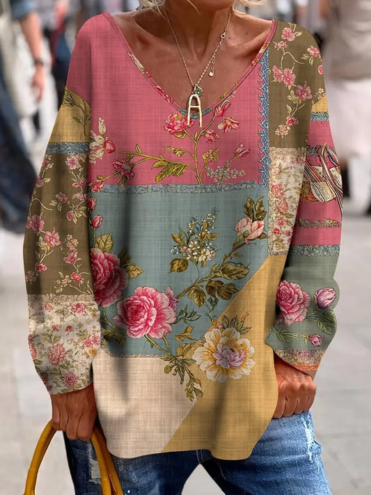 Női vintage művészet virágos nyomtatás kényelem felső