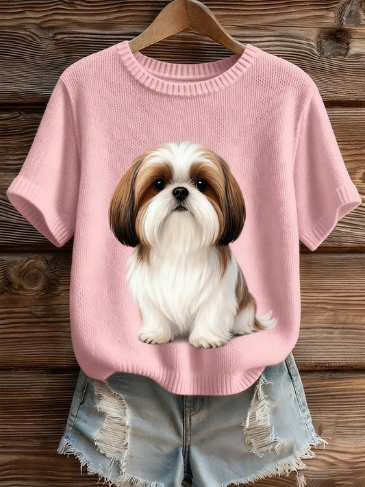 Női művészi állat nyomtatás kényelmes kötött rövid ujjú felső