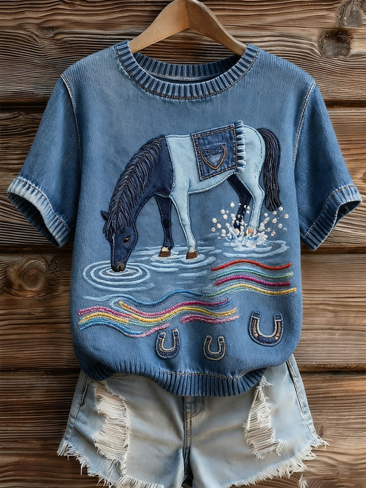 Női művészi állat nyomtatás kényelmes kötött rövid ujjú felső