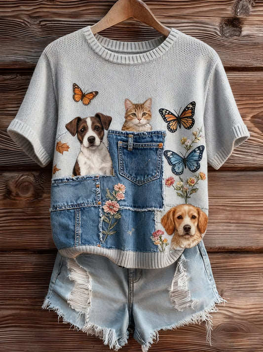 Női művészi állat nyomtatás kényelmes kötött rövid ujjú felső