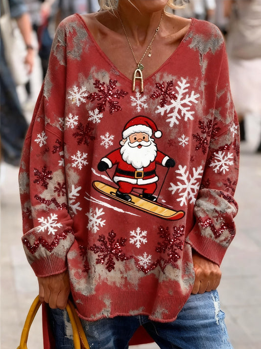 Női vintage karácsonyi művészet nyomtatás hangulatos kötött top