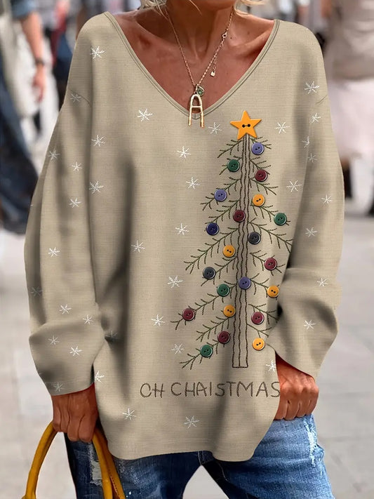 Női vintage karácsonyi művészet nyomtatás hangulatos kötött top