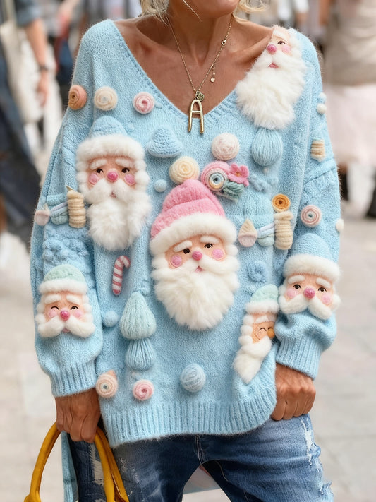 Női vintage karácsonyi művészet nyomtatás hangulatos kötött top