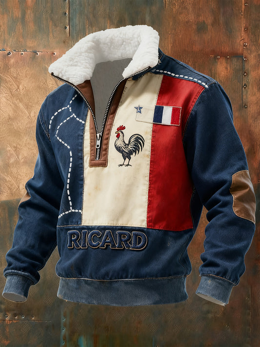 Férfi vintage francia zászló ricard alkalmi zip-up fur collar pulóver