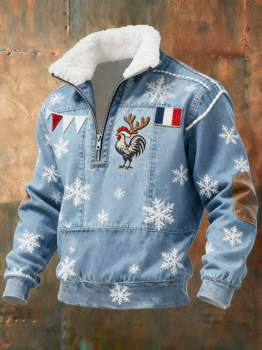 Férfi vintage francia zászló ricard alkalmi zip-up fur collar pulóver