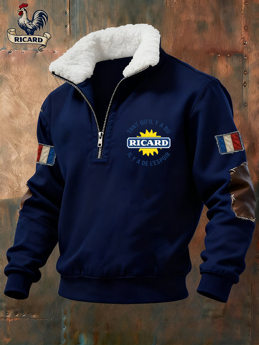 Férfi vintage francia zászló ricard alkalmi zip-up fur collar pulóver