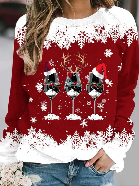 Női retro karácsonyi művészet nyomtatás alkalmi pulóver