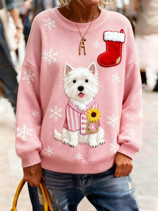 Női vintage karácsonyi művészet nyomtatás hangulatos kötött pulóver