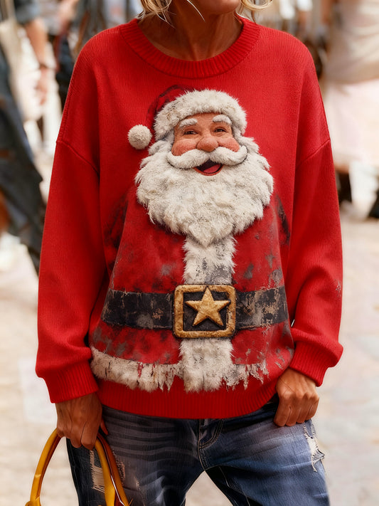 Női vintage karácsonyi művészet nyomtatás hangulatos kötött pulóver