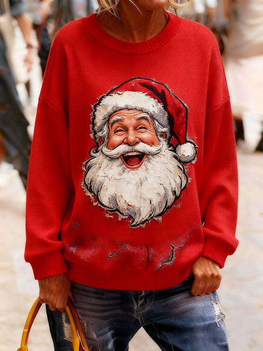 Női vintage karácsonyi művészet nyomtatás hangulatos kötött pulóver