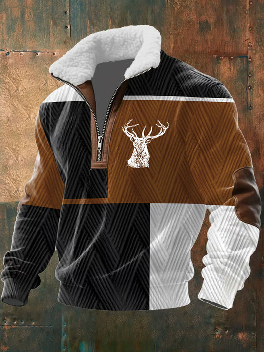 Férfi retro western art print alkalmi cipzár bunda nyakörv pulóver