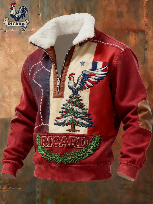 Férfi vintage francia zászló ricard alkalmi zip-up fur collar pulóver