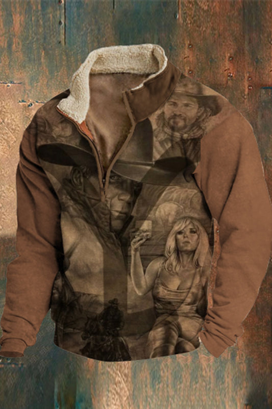 Férfi bunda gallér cipzár retro klasszikus nyugati cowboy 3d nyomtatás flush kültéri pulóver