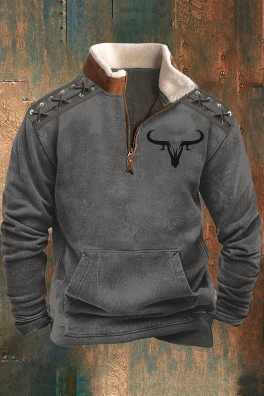 Férfi vintage ökör sziluett szövés 3d nyomtatás bunda gallér cipzár flush kültéri pulóver