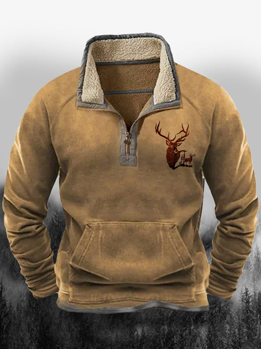 Férfi west cowboy elk vadászat nyomtatás lapel molyhos gallér cipzár alkalmi laza pulóver