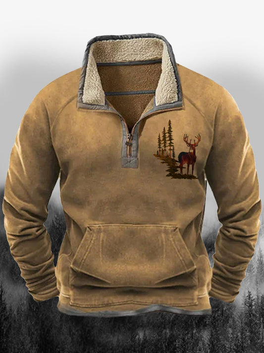 Férfi elk dzsungel vadászat nyomtatás lapel molyhos gallér cipzár alkalmi laza pulóver