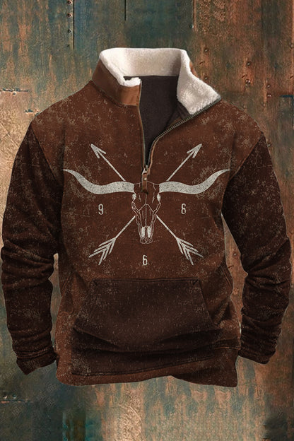 Férfi vintage nyugati stílus iránytű művészeti minta 3d nyomtatás bunda gallér cipzár flush kültéri pulóver