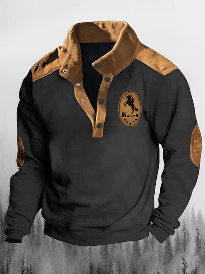 West cowboy nyomtatott lapel állvány gallér lapel gomb alkalmi laza pulóver