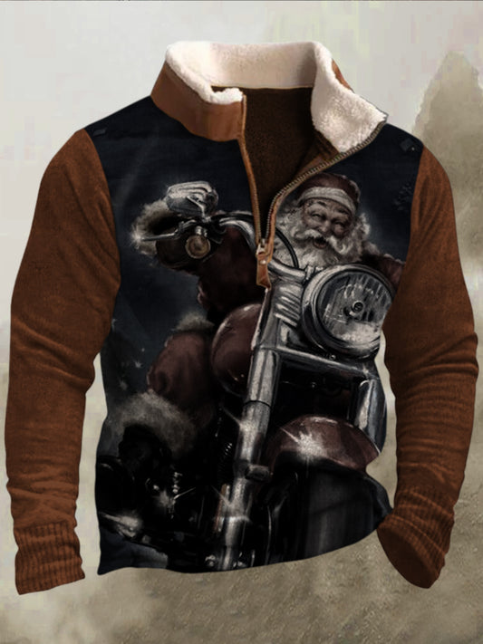 Férfi vicces motorkerékpár santa art 3d nyomtatás retro bunda gallér cipzár flush kültéri pulóver