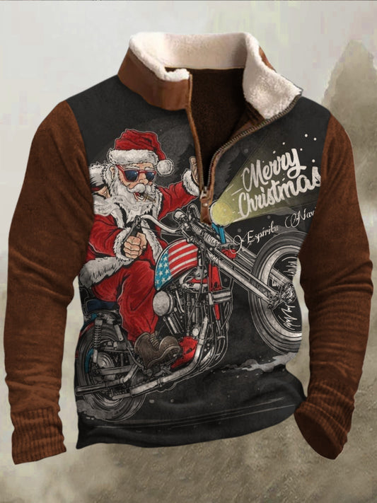 Férfi vicces ünnepi levegő motorkerékpár santa art 3d nyomtatás retro bunda gallér cipzár flush kültéri pulóver