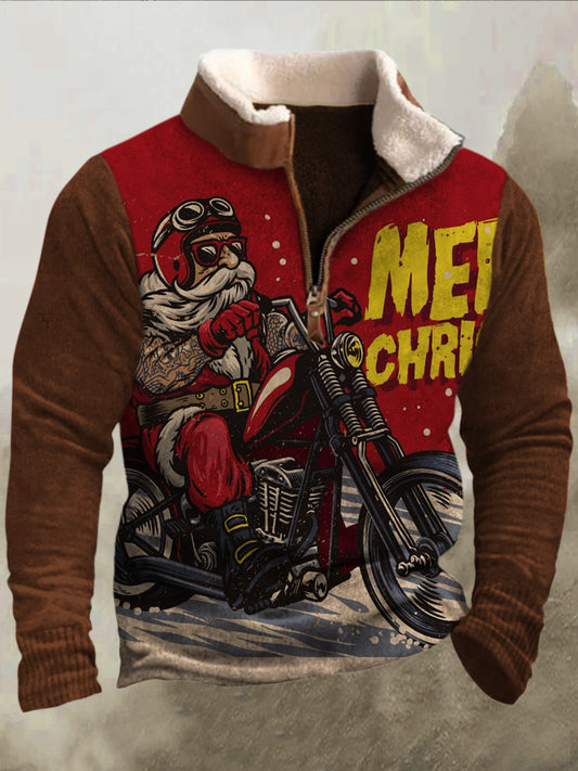 Férfi motorkerékpár mikulás kézzel rajzolt illusztráció művészet 3d nyomtatás retro bunda gallér cipzár flush kültéri pulóver