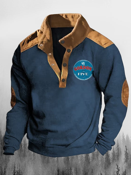 Gordon öt szeszes italok kultúra nyomtatott lapel állvány gallér lapel gomb alkalmi laza pulóver