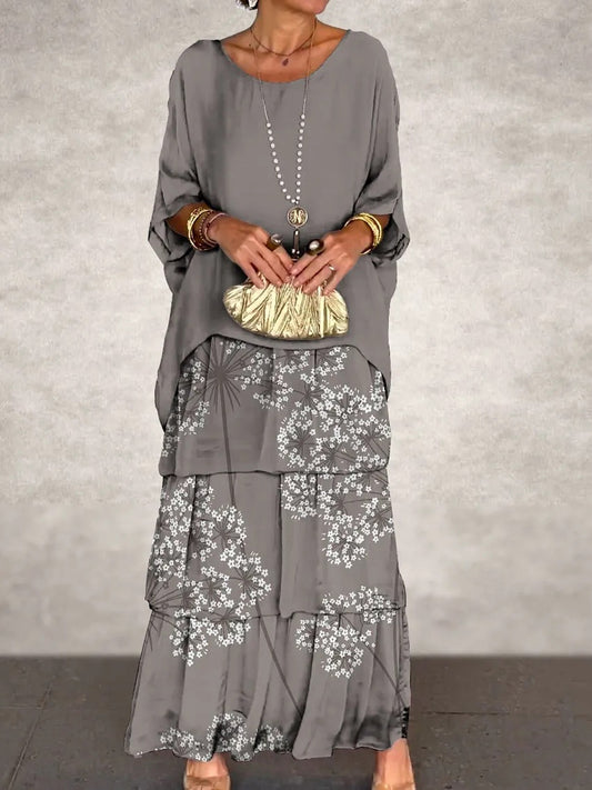 Női vintage virág művészet nyomtatás denevér ujjú torta maxi ruha