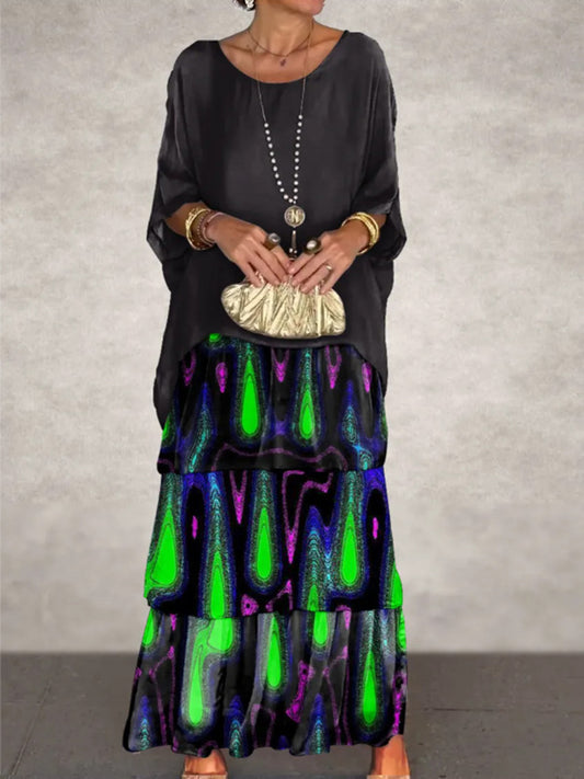 Női vintage art print denevér hüvely torta maxi ruha