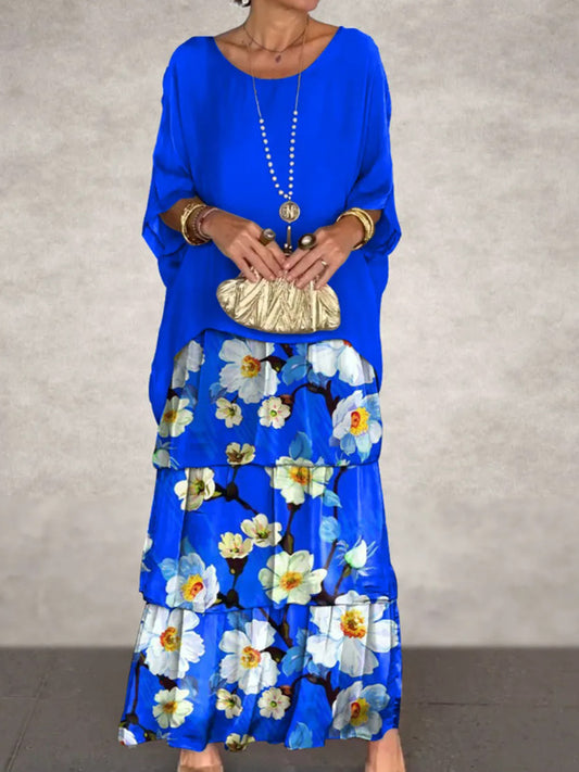 Női vintage virág művészet nyomtatás denevér ujjú torta maxi ruha