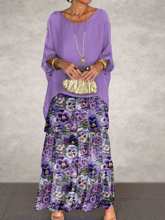 Női vintage virág művészet nyomtatás denevér ujjú torta maxi ruha