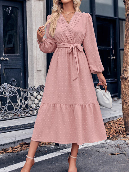 Női retro egyszínű v-nyak csipke derék midi ruha