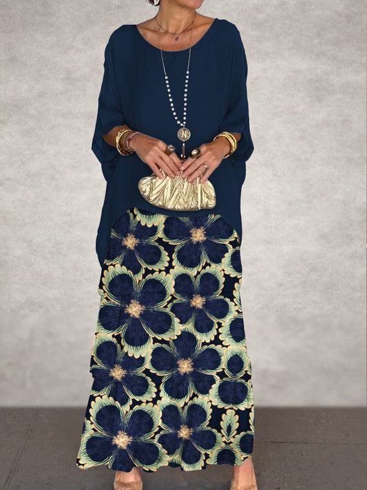 Női vintage virág művészet nyomtatás denevér ujjú torta maxi ruha