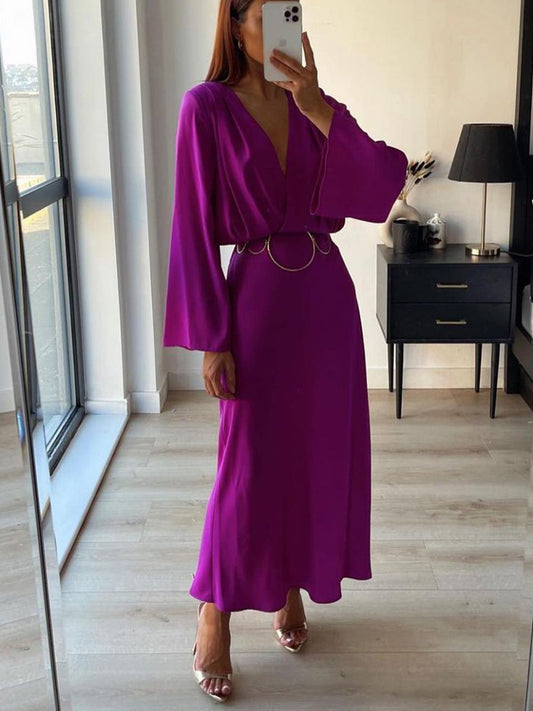 Női retro lila derék v-nyak hosszú ruha