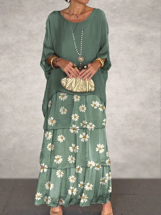 Női vintage virág művészet nyomtatás denevér ujjú torta maxi ruha