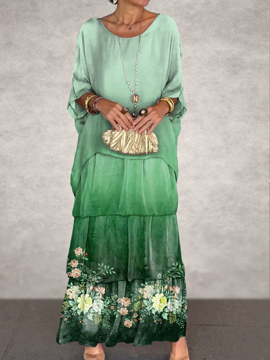 Női vintage virág művészet nyomtatás denevér ujjú torta maxi ruha