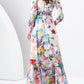 Elegáns virág nyomtatott v-nyak elegáns chiffon hosszú ujjú teljes hemline maxi ruha