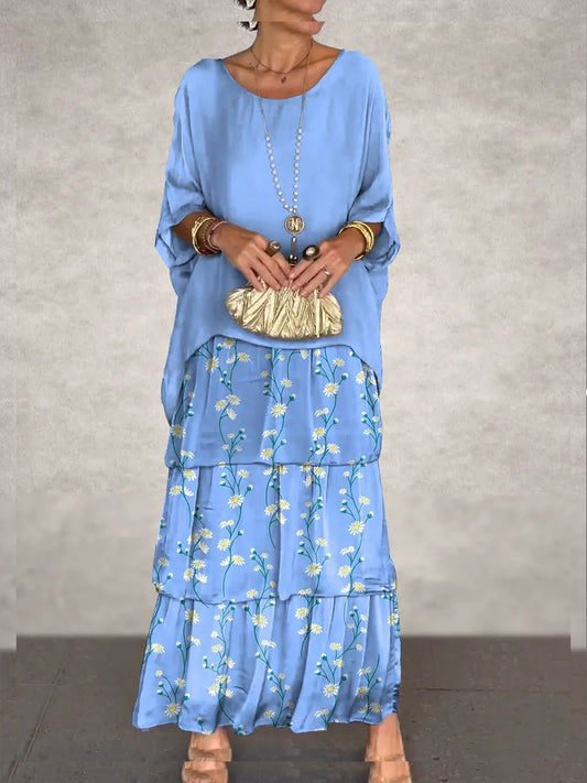 Női vintage virág művészet nyomtatás denevér ujjú torta maxi ruha