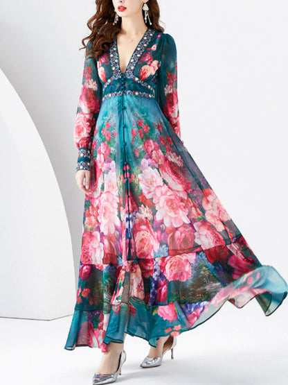 Elegáns virág nyomtatott v-nyak elegáns chiffon hosszú ujjú teljes hemline maxi ruha