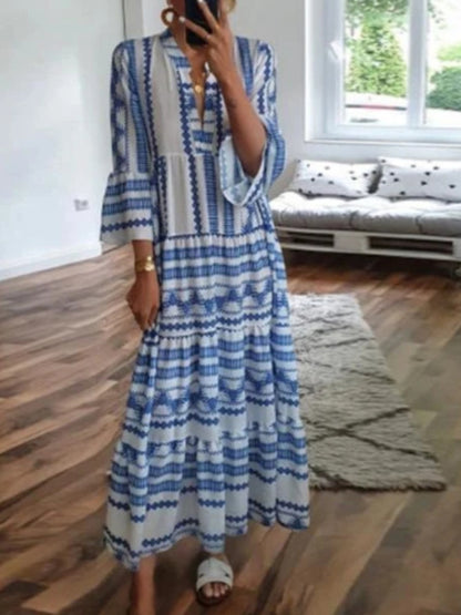 Női retro geometriai nyomtatás maxi szoknya boho stílus szoknya