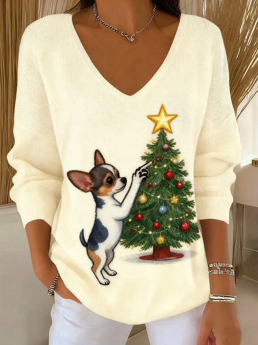 Női vintage karácsonyi állat nyomtatás alkalmi hosszú ujjú top